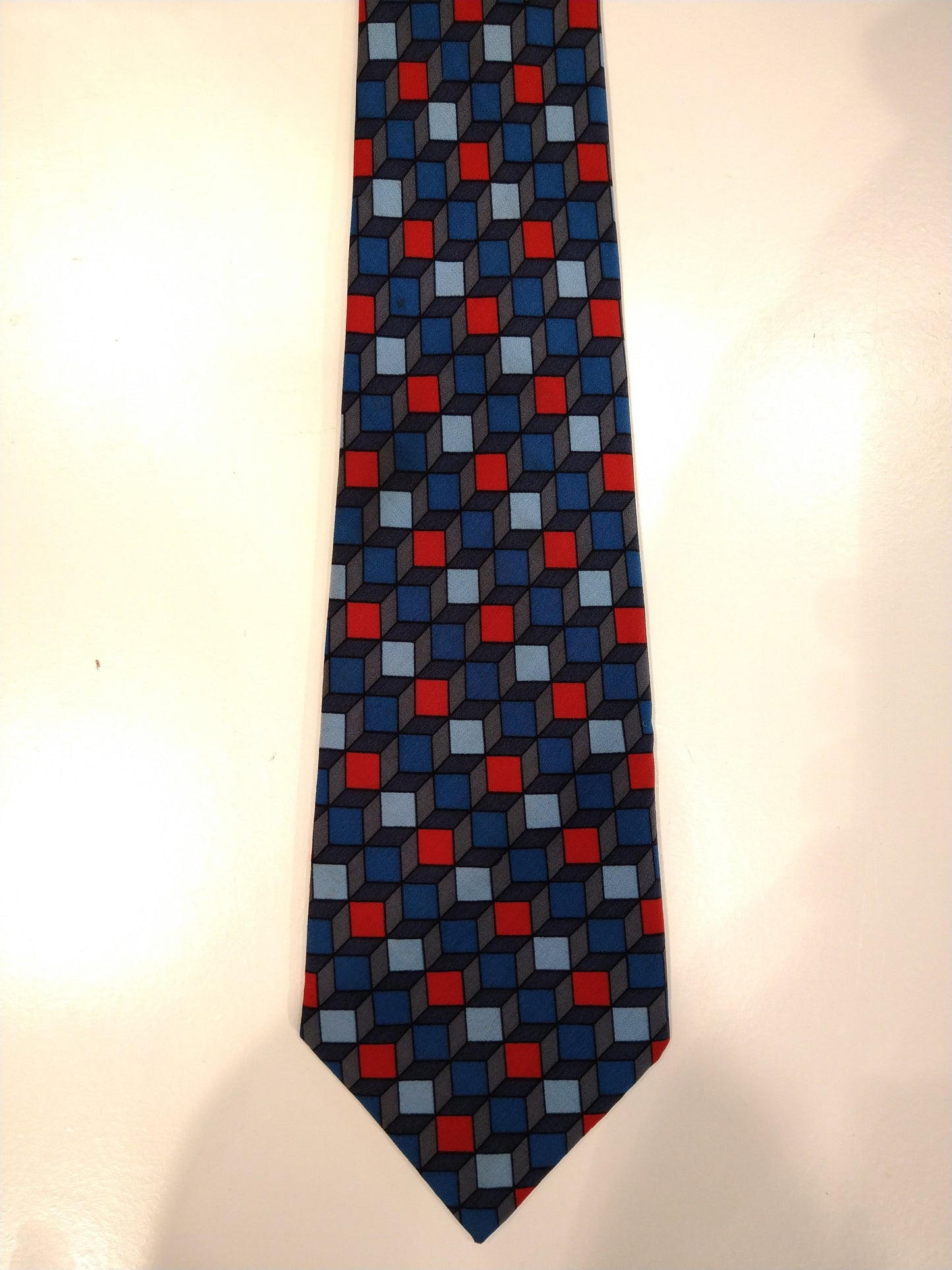 SetPoint silk tie. Blue red gray cubes motif.