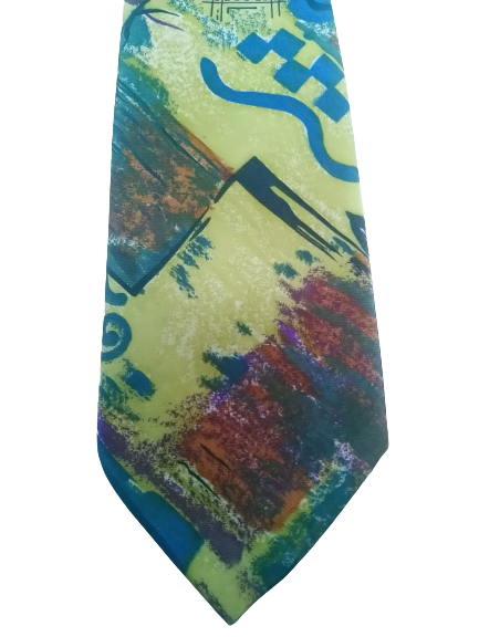 Vintage 'Gold City' stropdas. Handmade silk. Groen geel blauw motief. Zijde