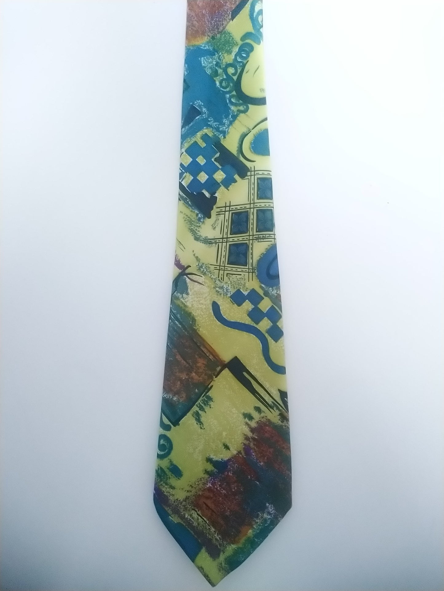 Vintage 'Gold City' stropdas. Handmade silk. Groen geel blauw motief. Zijde