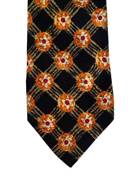 Silk tie. Black orange motif.