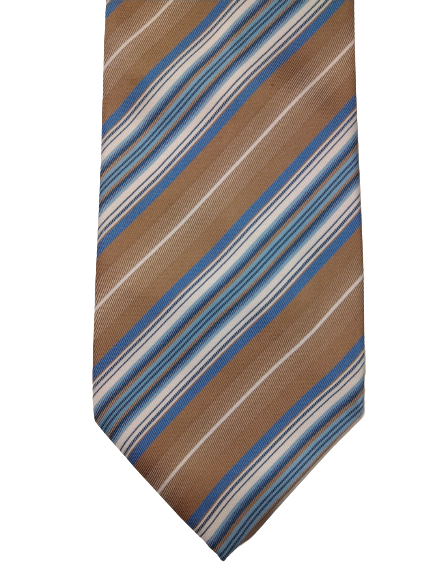 Polyester stropdas. Beige blauw gestreept.