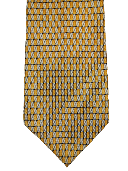 A et une cravate de soie à main. Motif blanc jaune.