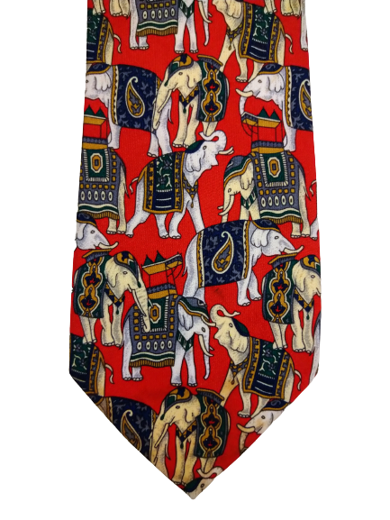 René Chagal hand made zijde stropdas. Rood olifanten motief.