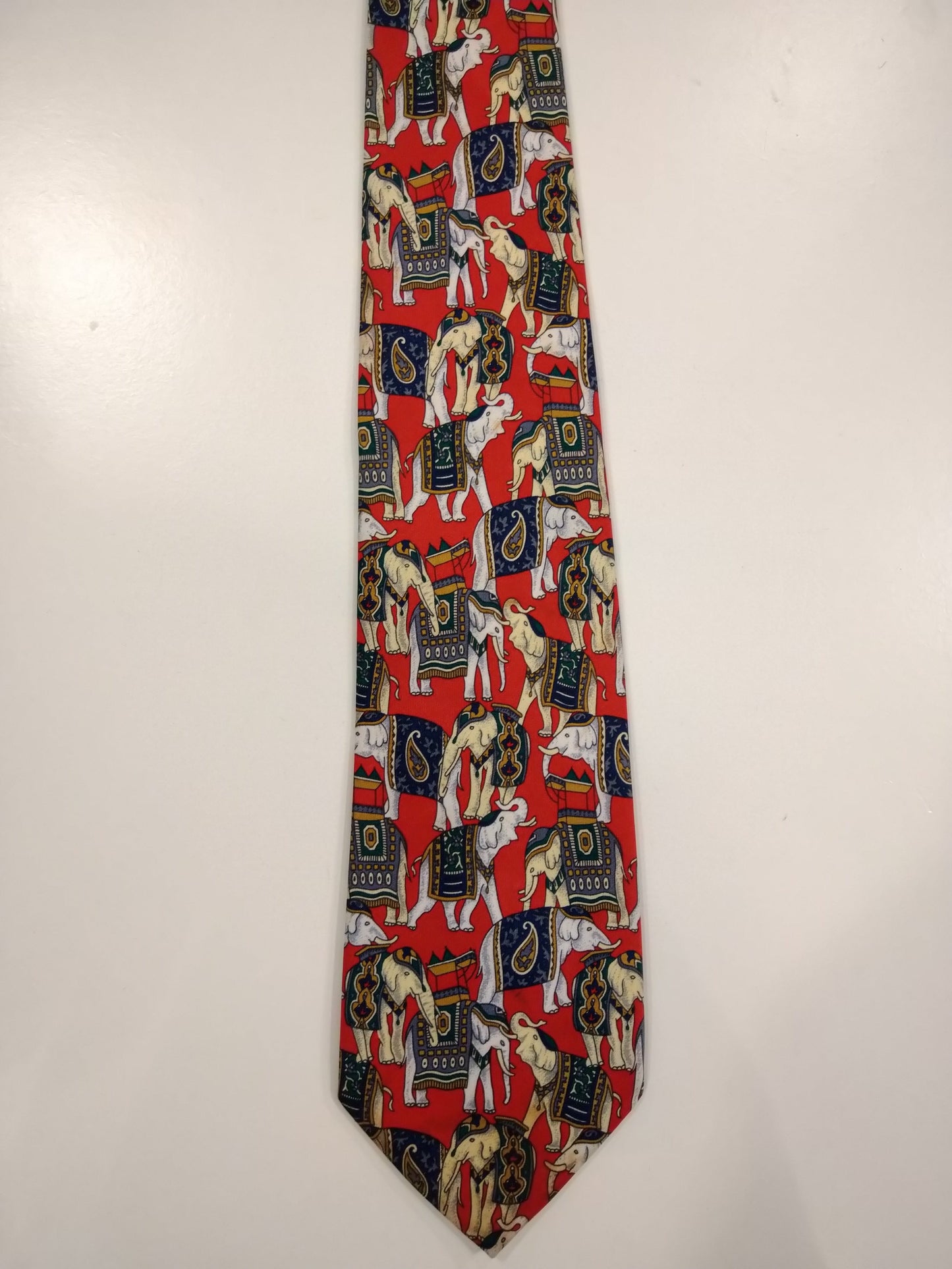 René Chagal Hand Made Silk Tie. Red elephant motif.