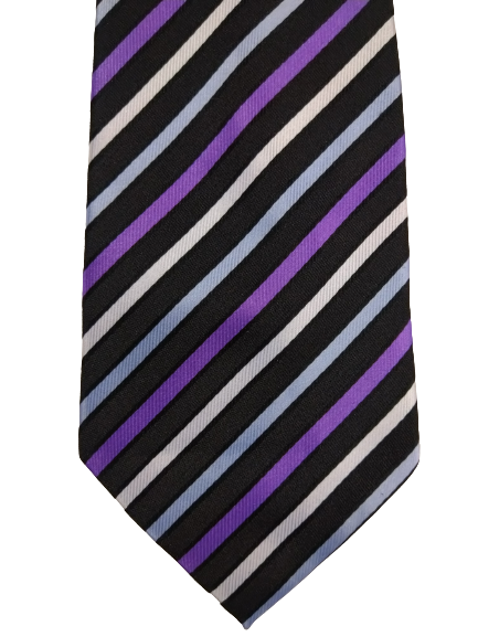 Polyester striped tie. Purple white black striped.