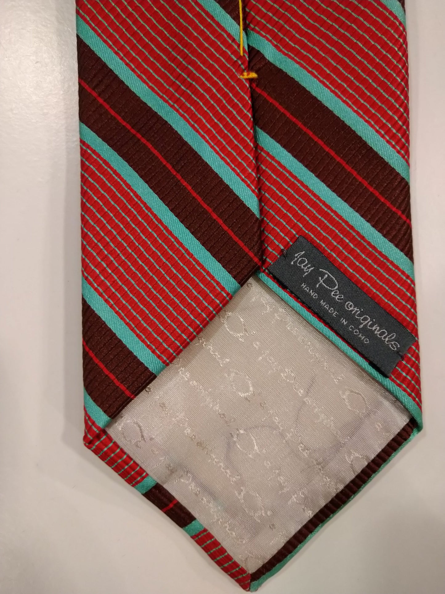 Jay Pee Original Hand Made in Como Silk Tie. Red brown turquoise striped.