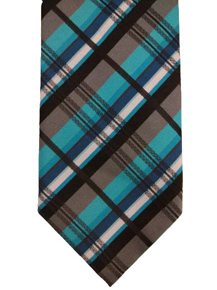 Fletchers Gallery polyester stropdas. Grijs zwart turquoise gestreept motief.