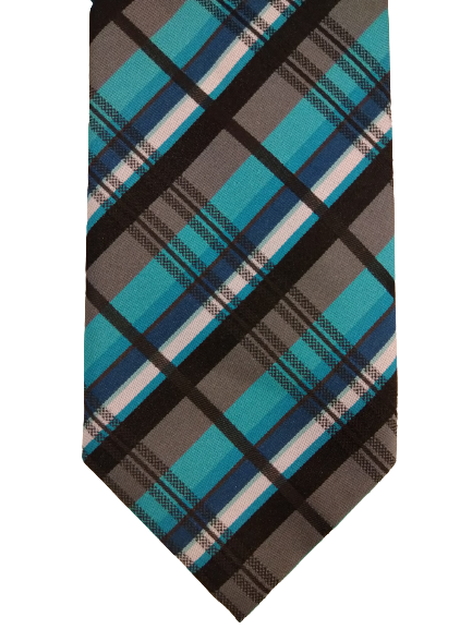 Corbata de poliéster Fletchers Gallery. Motivo de rayas gris negro turquesa.