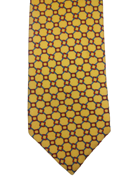 Harrods zijde stropdas. Geel rood motief.