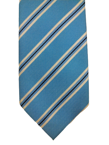 Cravate en polyester tailleur et coupeur. Bleu blanc rayé.