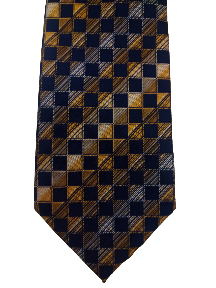 Cravatta in poliestere. Motivo giallo grigio blu separato.