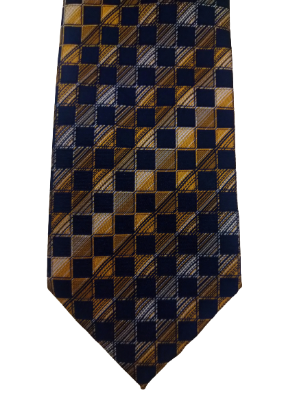 Cravatta in poliestere Skopes. Motivo giallo blu grigio separato.