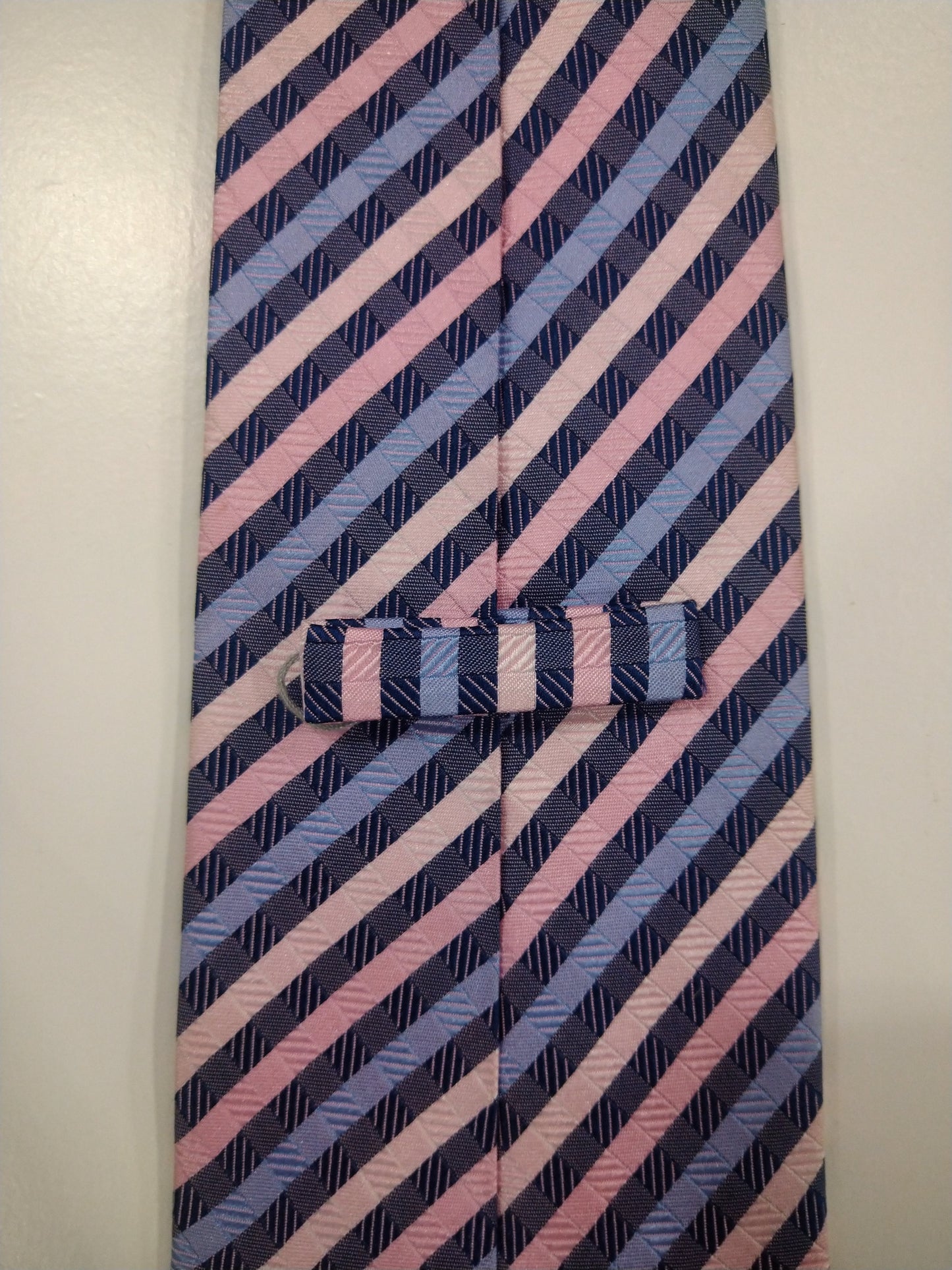 Silk tie. Pink blue salmon striped.