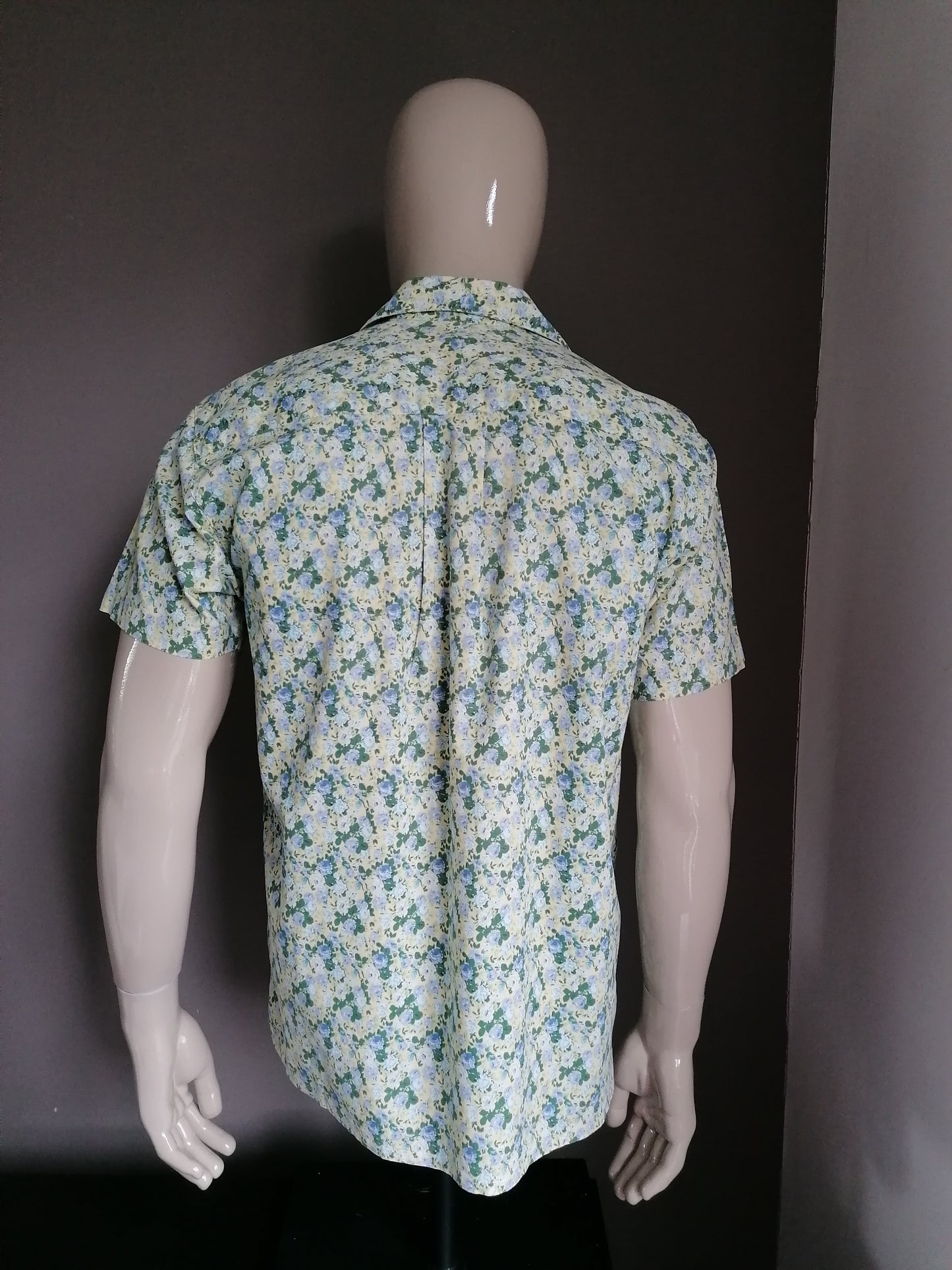 Vintage Naf Naf overhemd korte mouw. Groen Geel Blauw. Maat L.
