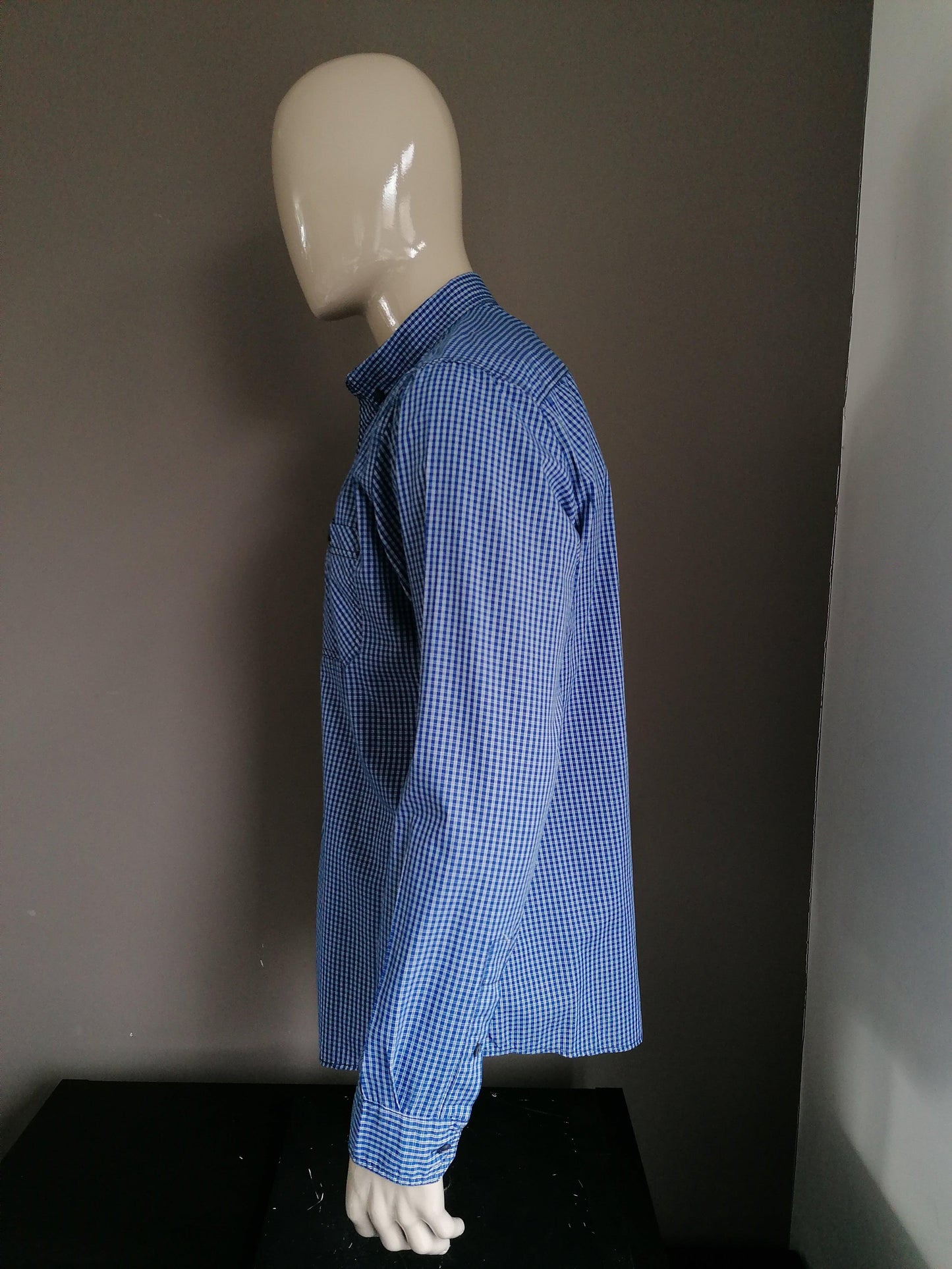 Angelo Litrico overhemd. Blauw Wit geblokt. Maat XL. Slim Fit - EcoGents