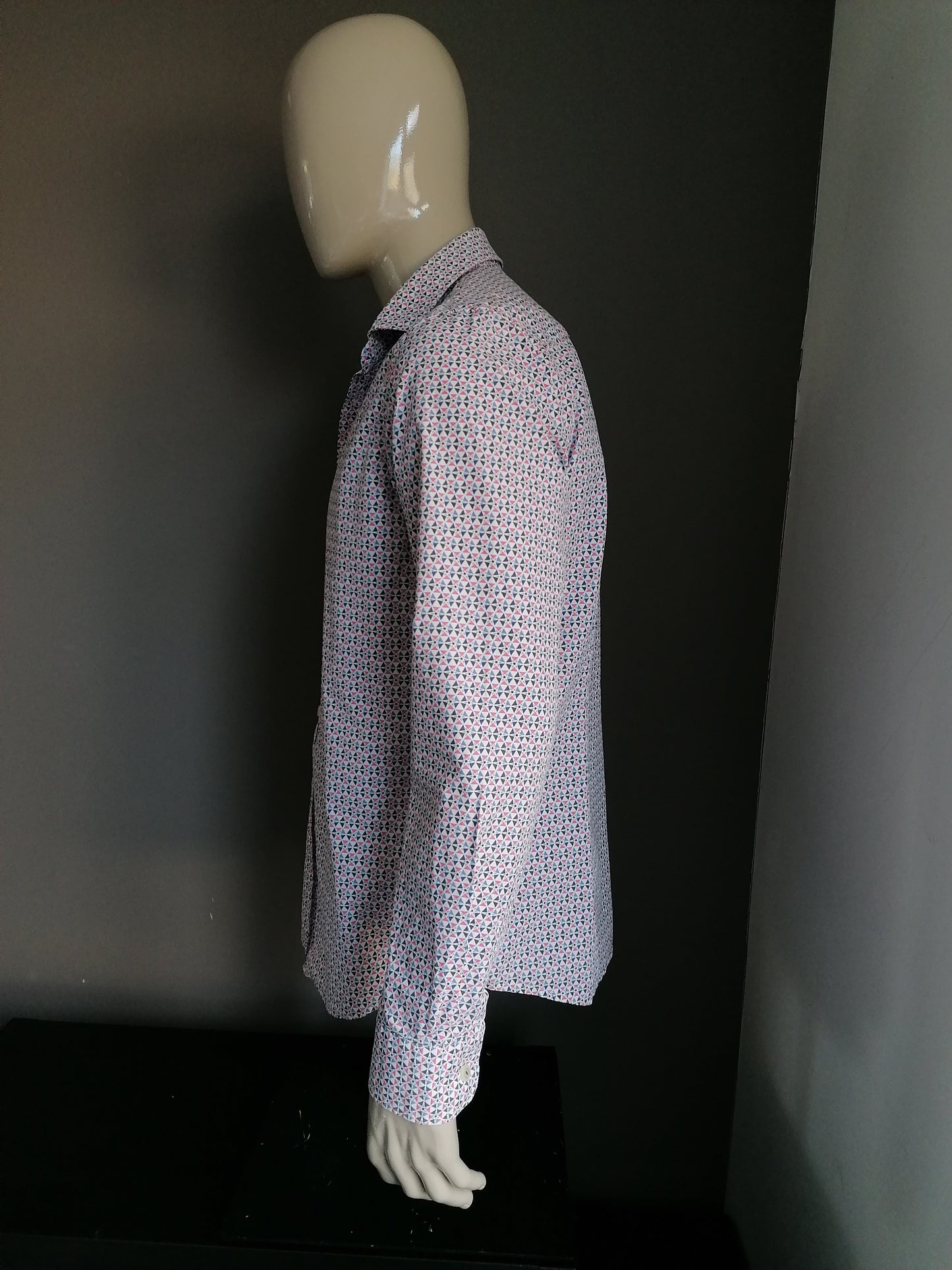 Camisa de Nza. Motivo blanco rosa azul. Talla L.