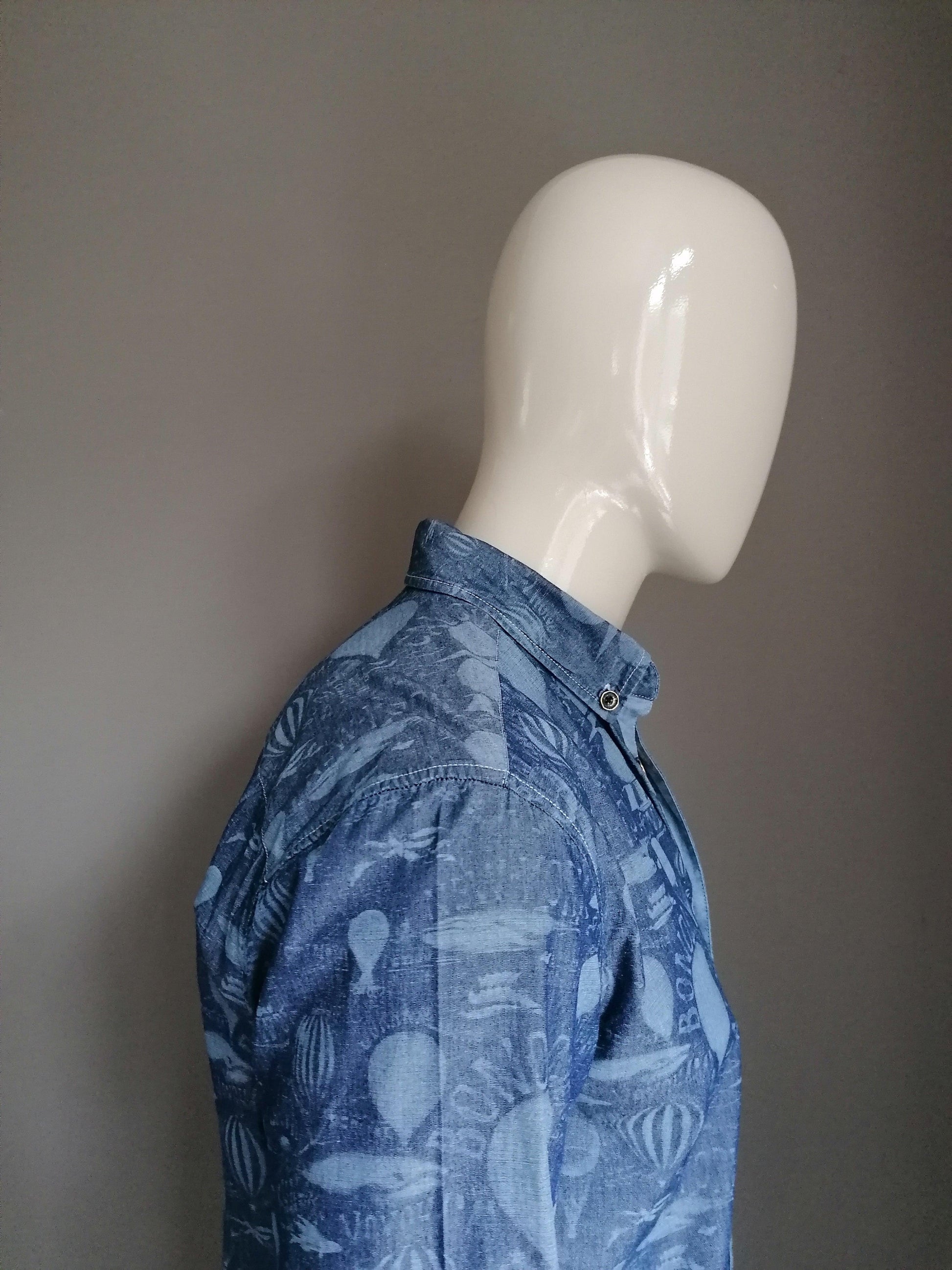 Bonobo overhemd. Blauwe print. Maat L. Slim Fit. - EcoGents