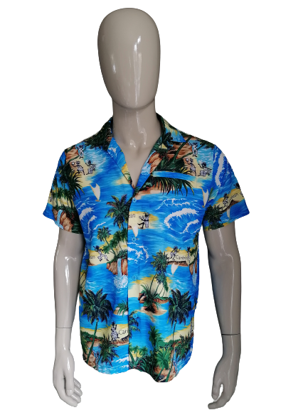 Rima Vintage Hawaii imprimir camisa de manga corta. Impresión amarilla verde azul. Talla M.