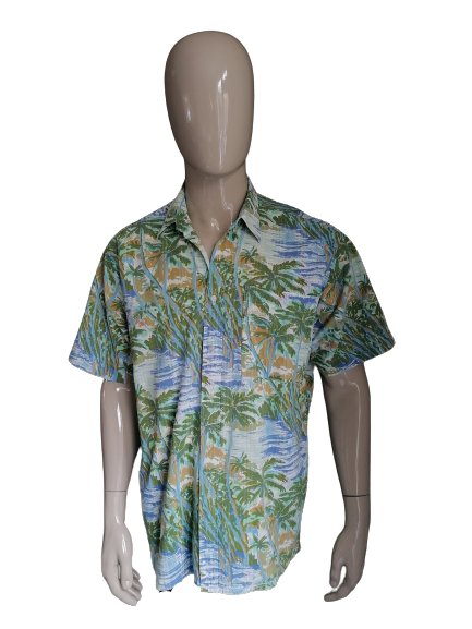 Nuova camicia di stampa a Hawaii veloce vintage con maniche corte. Stampa palma blu verde. Dimensione XL.