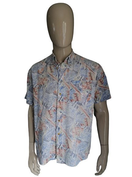Vintage-Kurzarmshirt. Braun-blau-gelber 90er-Jahre-Druck. Größe XL