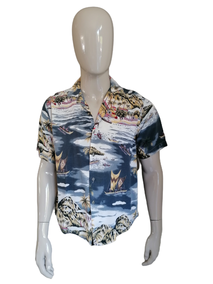 Vintage Hawaii Print Shirt Kurzarm. Grauer gelber Druck. Größe M