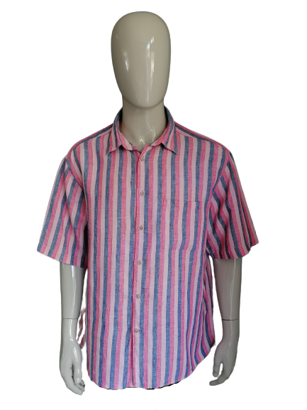 Marks & Spencer Lino Camisa de manga corta. Motivo a rayas rosado azul. Tamaño XXL. Ajuste regular.