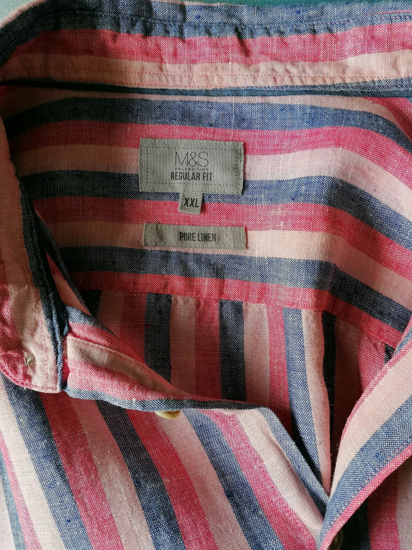 Marks & Spencer Lino Camisa de manga corta. Motivo a rayas rosado azul. Tamaño XXL. Ajuste regular.