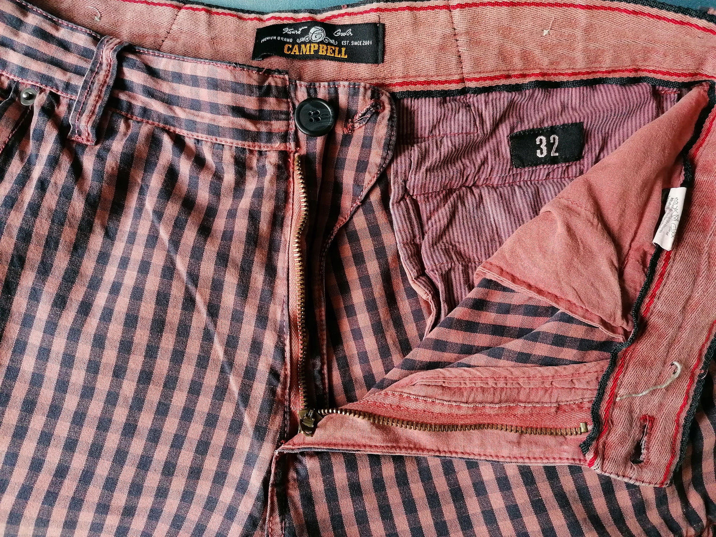 Campbell korte broek met zakken. Roze Blauw geblokt. Mt W32 - EcoGents
