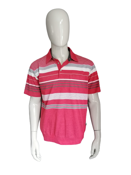 Vintage Hago Polo with elastic band. Red gray striped. Size L.