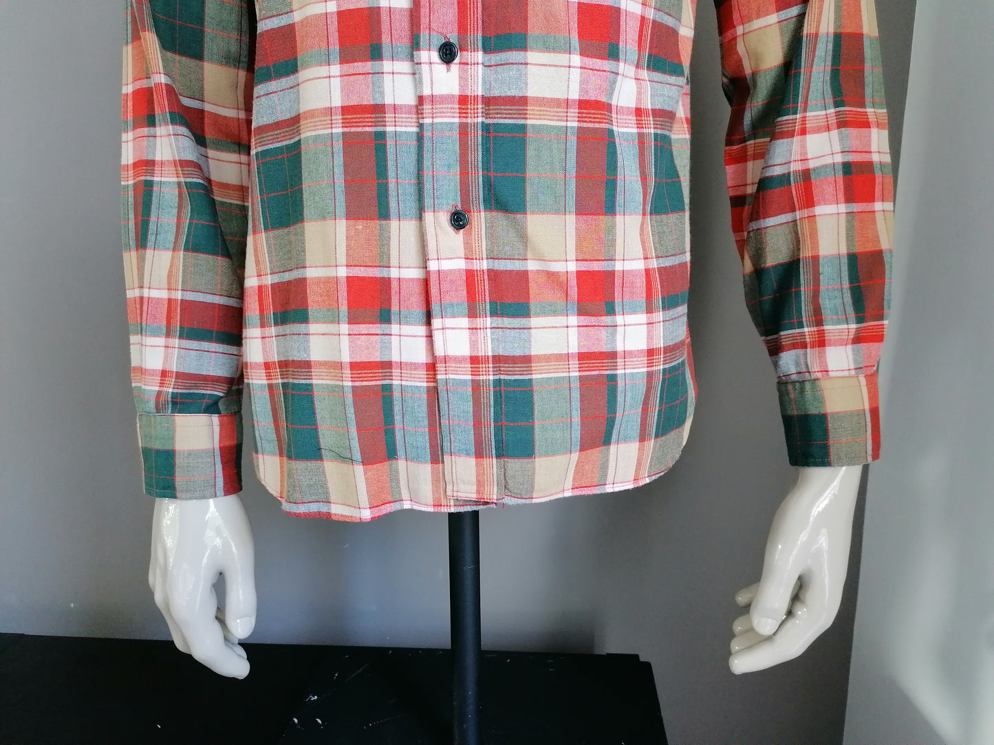 Camisa de Auro 70 del vintage. Collar de puntos. Verde naranja. Tamaño 41 / M / L. Algodón / poliéster