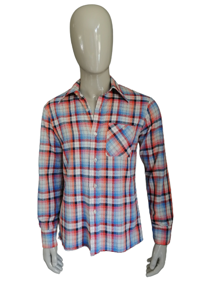 Vintage Pierre Bellon 70's shirt with point collar. Orange blue. Size M.