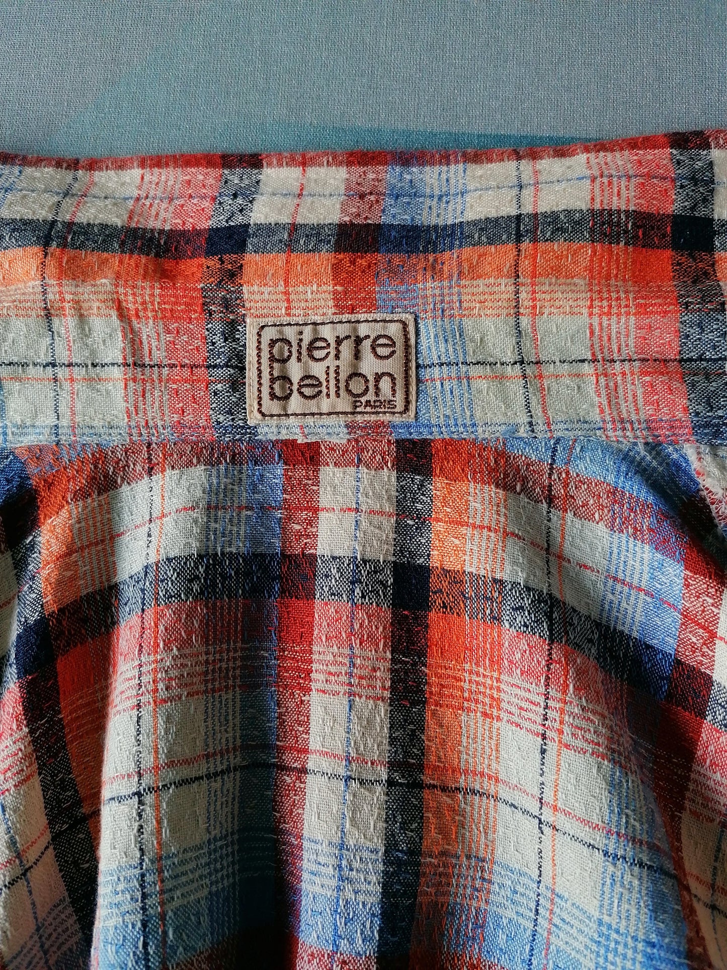 Vintage Pierre Bellon 70's overhemd met puntkraag. Oranje Blauw. Maat M.