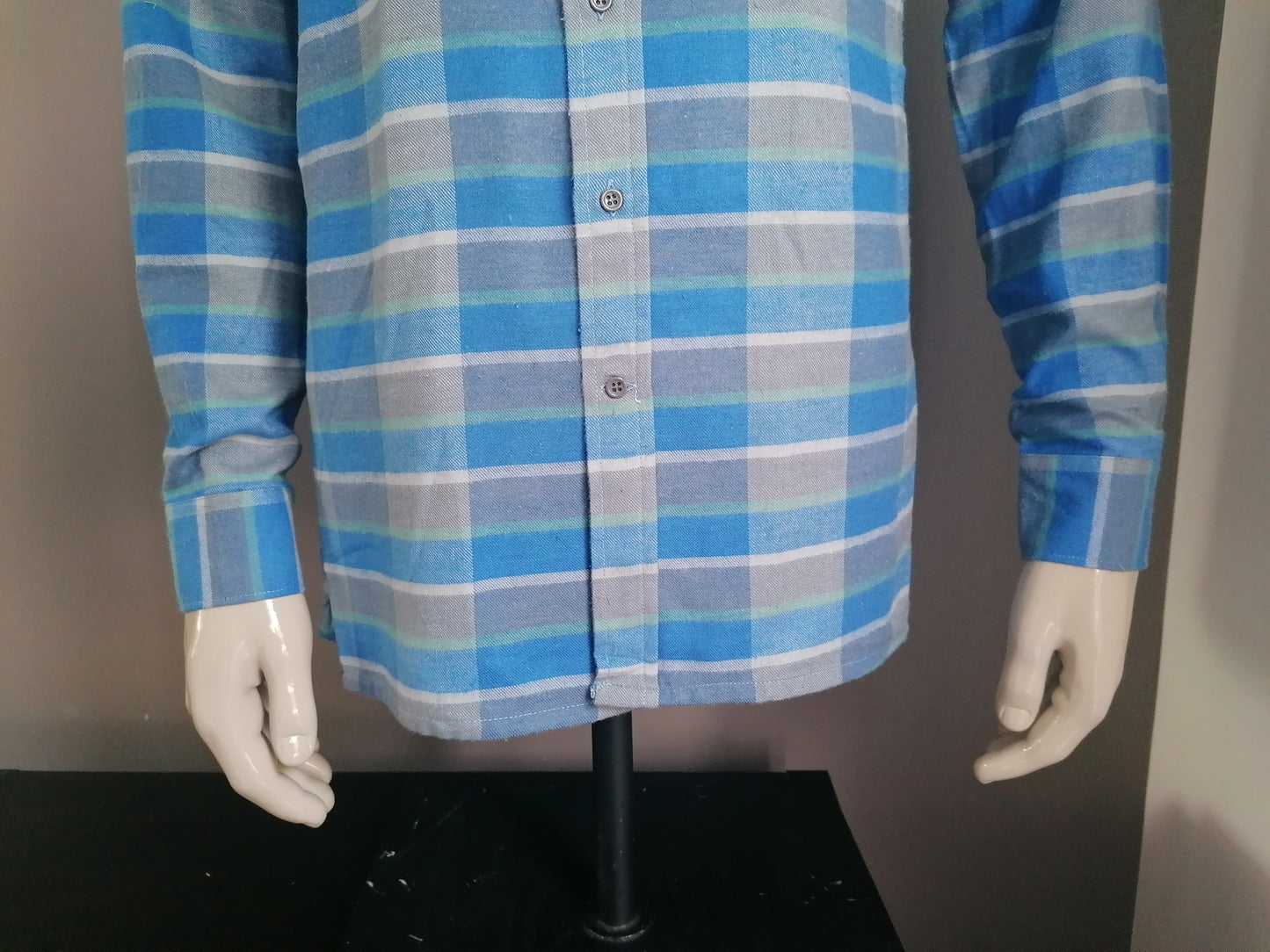 Vintage Seidensticker Flanellen overhemd. Blauw Groen geruit. Mt L.