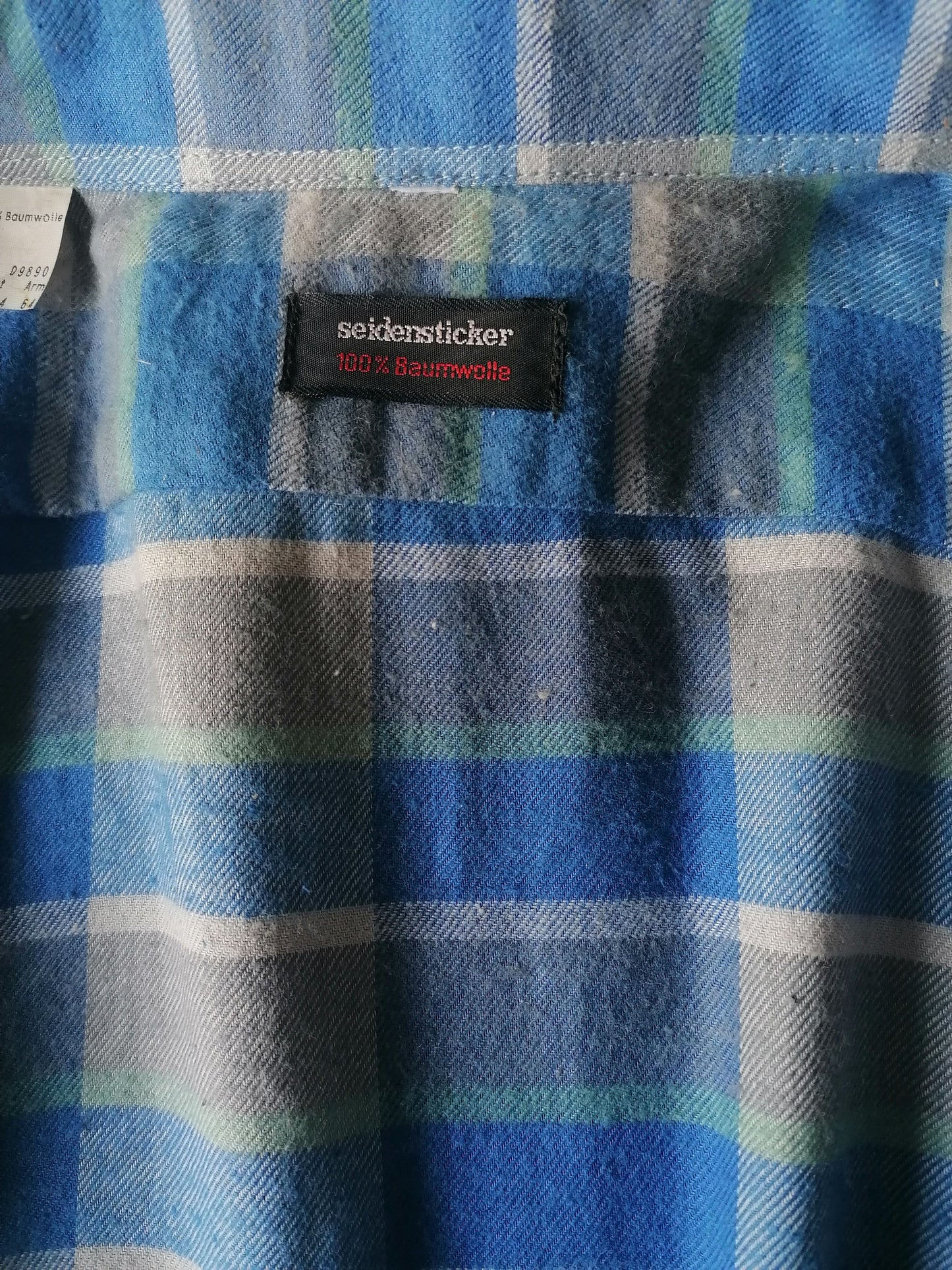T-shirt Flannel Sticker Vintage SEID. Bleu vert vérifié. MT L.