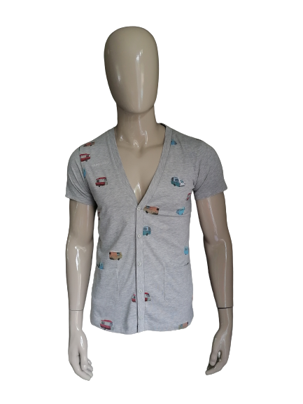 Gsus Industries Shirt / Vest Short Sleeve with buttons. Gray with print. Size