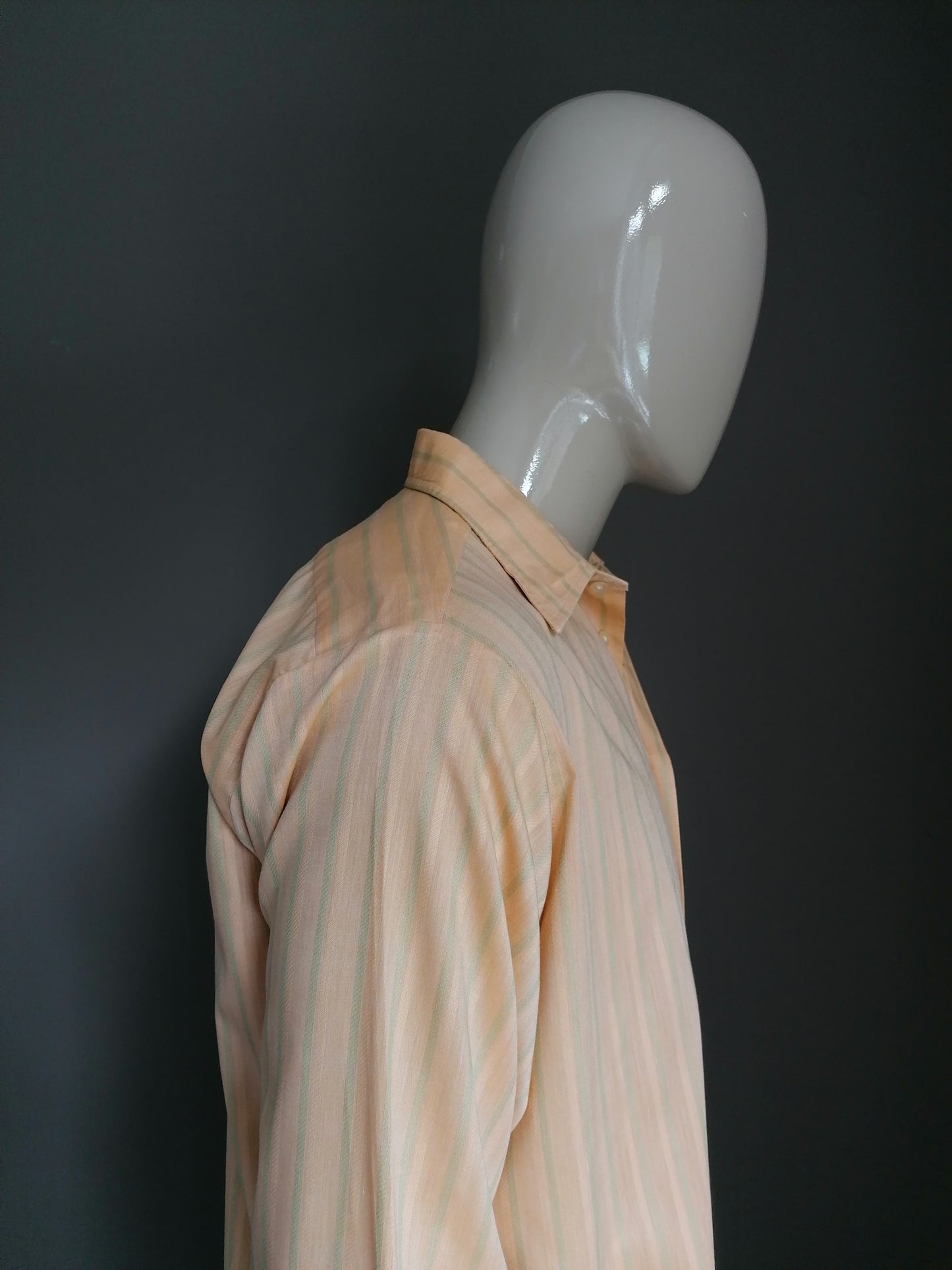 Vintage Rocola 70's overhemd. Oranje Groen gestreept motief. Maat XL..