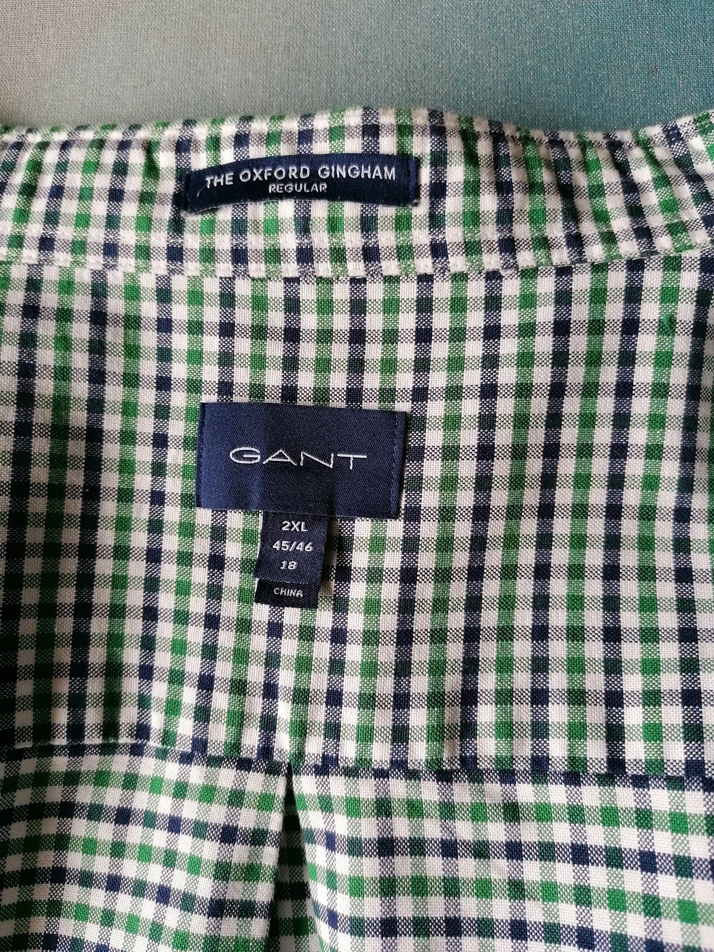 GANT overhemd. Blauw Groen geblokt. Maat XXL / 2XL. Type Oxford Gingham.