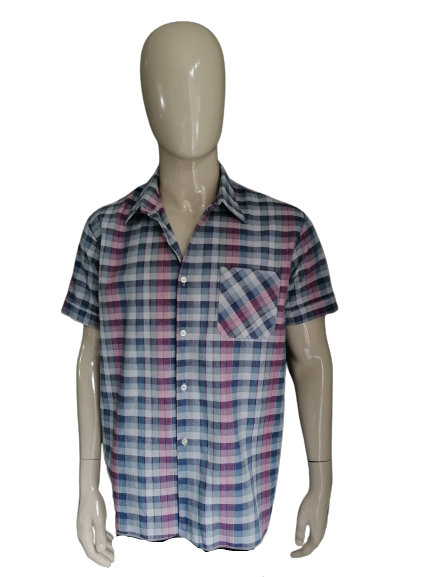 Camisa de manga corta vintage. Azul rosa a cuadros. Tamaño XL. Algodón / viscosa.