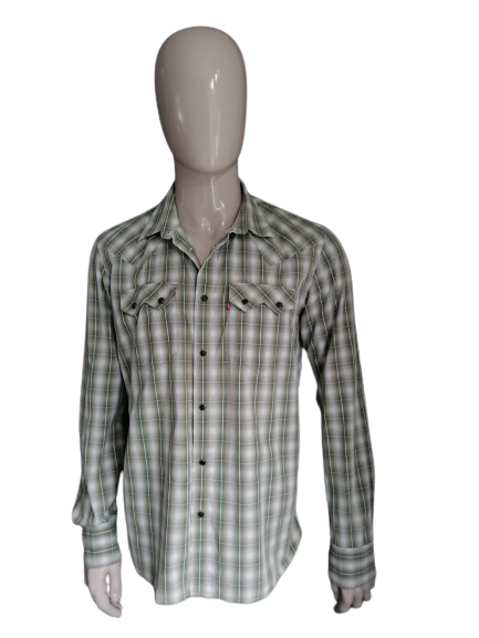 La camicia Strauss Levi con bottone a scatto. Motivo a scacchi beige verde. Compagno. XL.