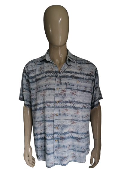 Vintage Club D'Amingo overhemd korte mouw. Blauw Bruine print. Maat XXL