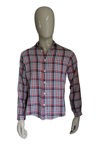 Vintage 70er Jahre Hemd mit schmalem Kragen – rot/blau/beige – Größe L