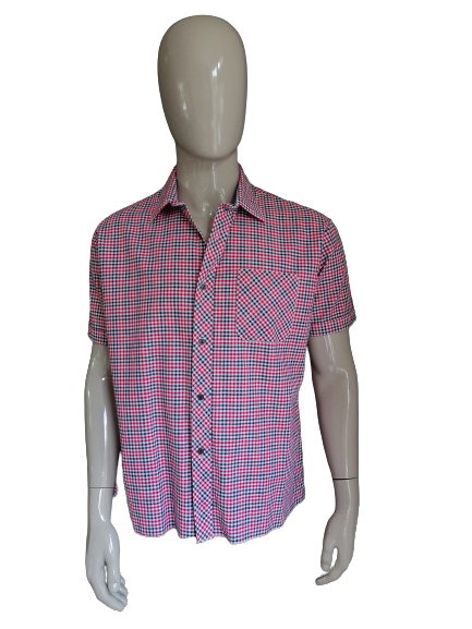 Vintage 70's Alka shirt short sleeves. Red blue white checkered. Size XL. 75% cotton & 25% viscose