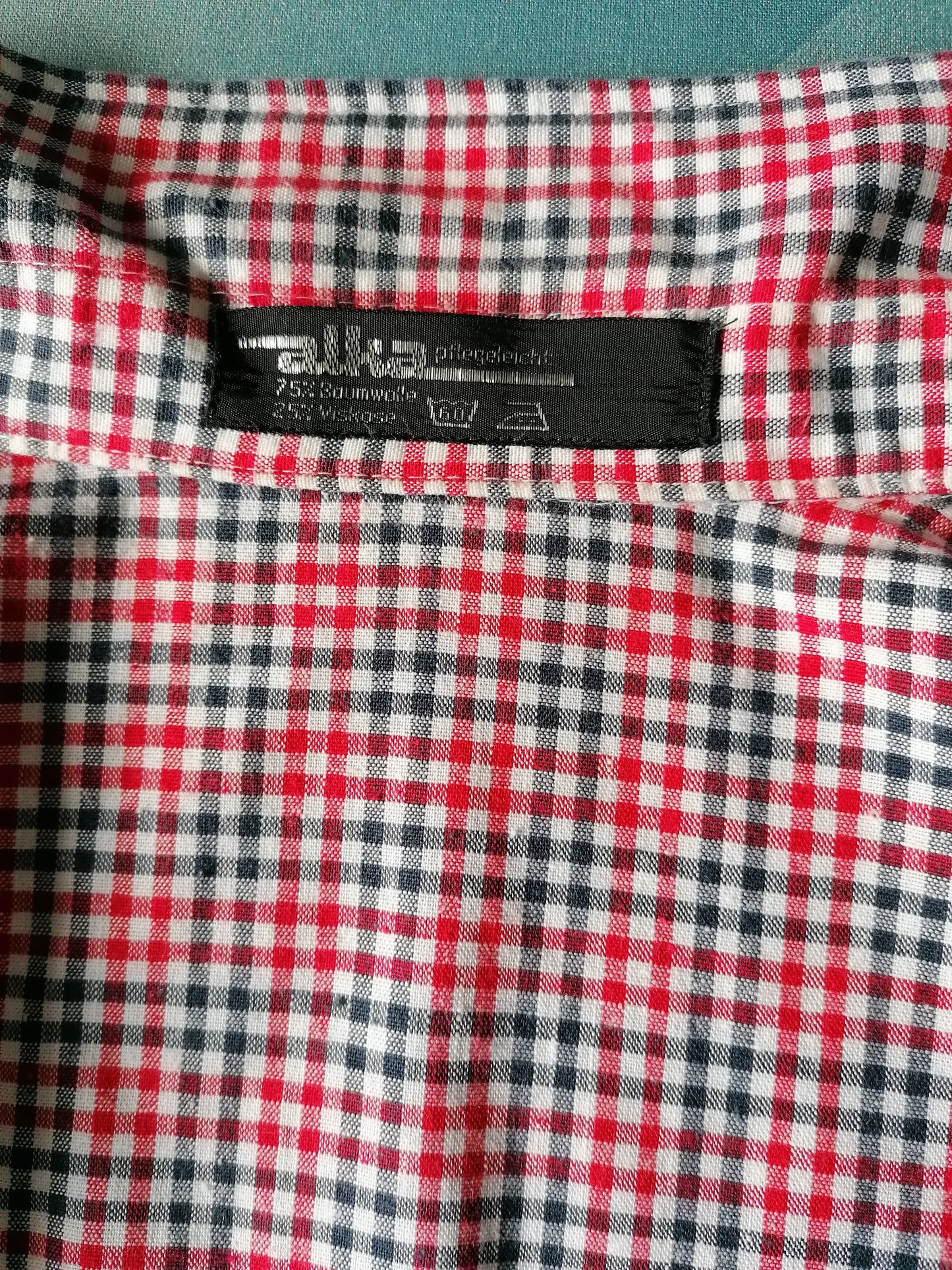Vintage 70's Alka overhemd korte mouw. Rood Blauw Wit geblokt. Maat XL. 75% katoen & 25% viscose