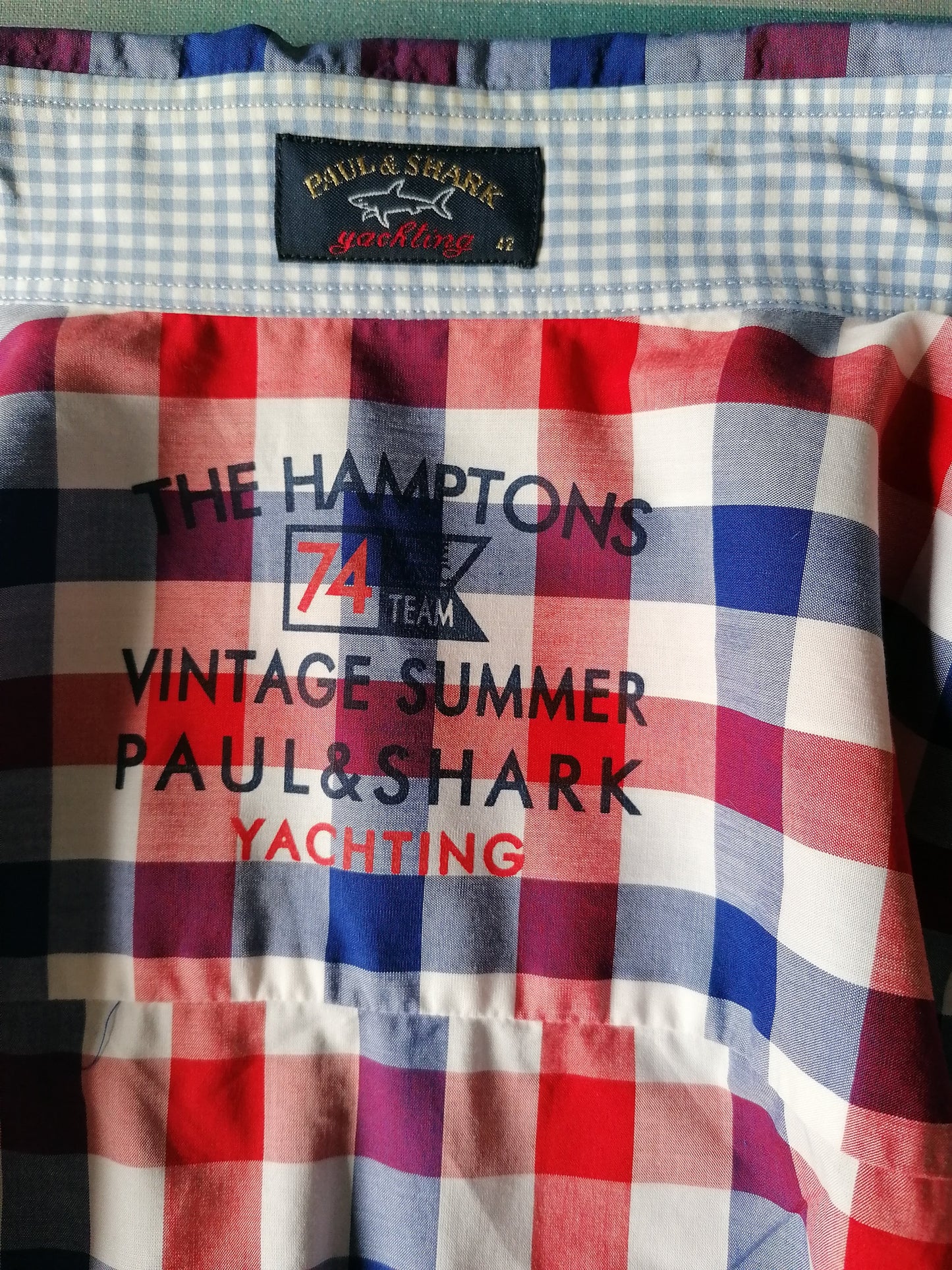 Camisa Paul & Tiburón. Azul blanco rojo a cuadros. Talla 42 / L / XL