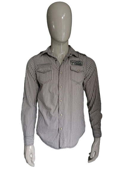 Kaporal shirt with press studs. Brown striped with applications. Size M / S