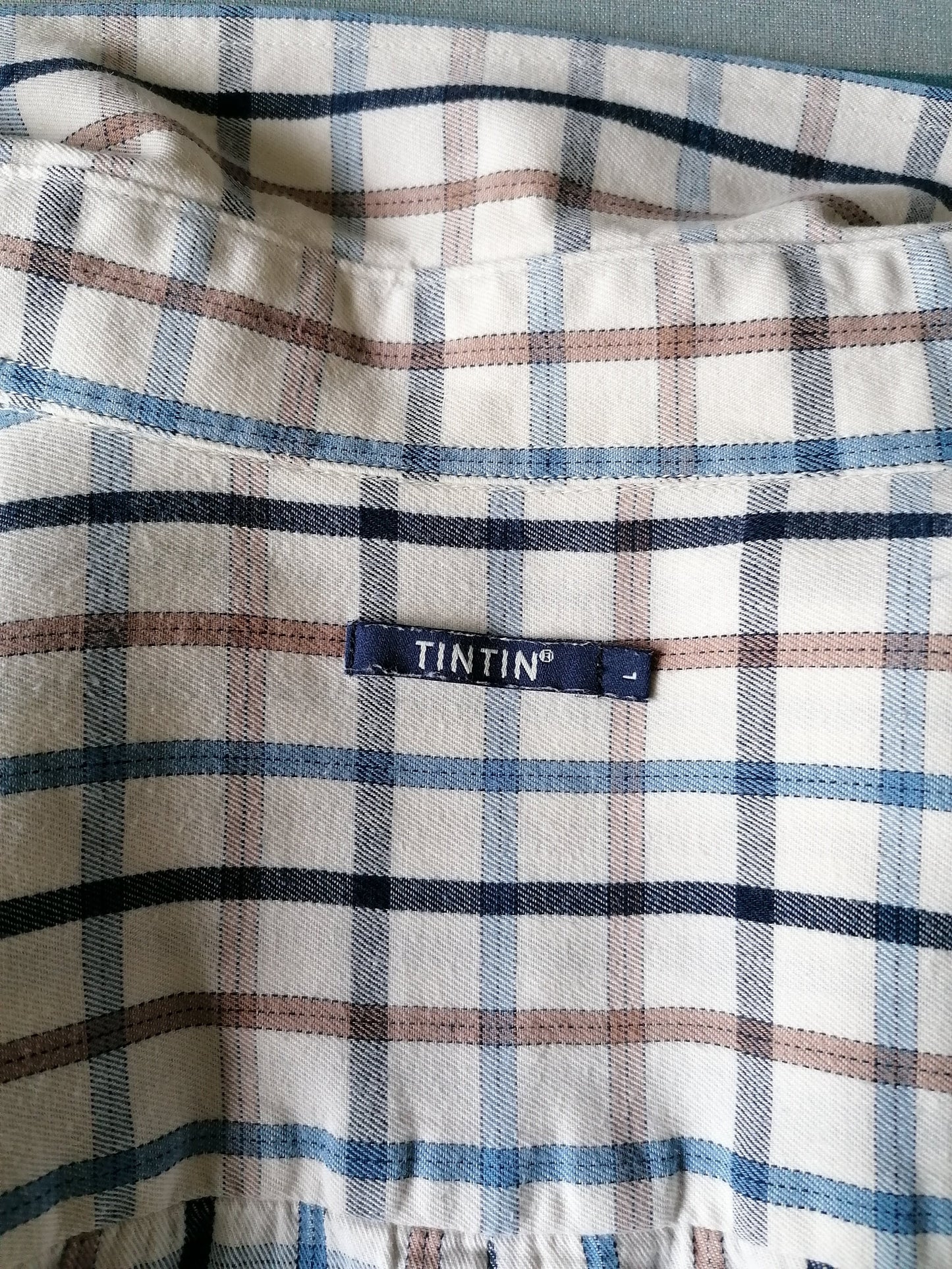 Vintage TinTin (Kuifje) overhemd. Blauw Beige Bruin. Maat L.