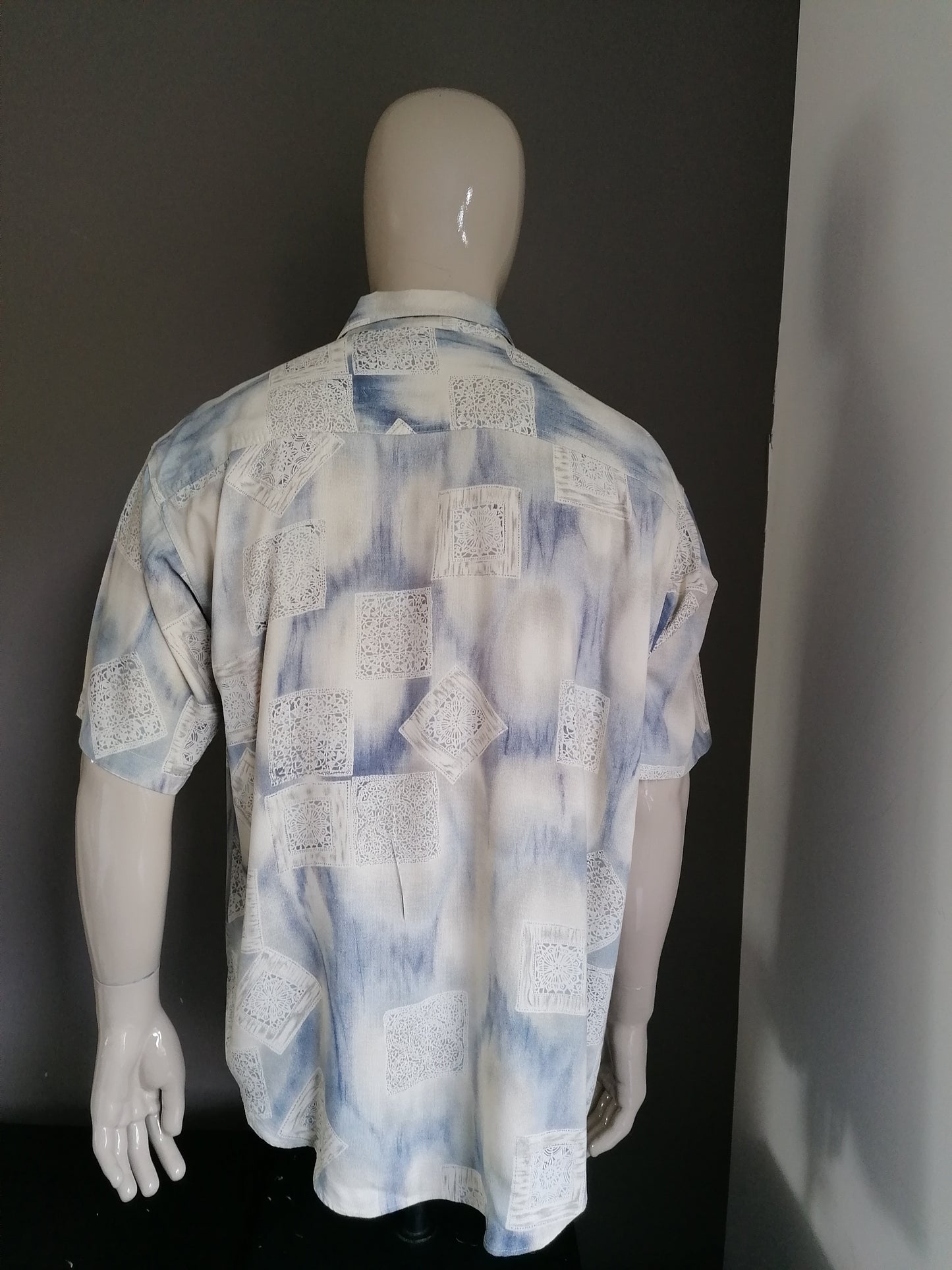 Vintage 90's overhemd korte mouw. Beige Blauw. Maat XL. Viscose.