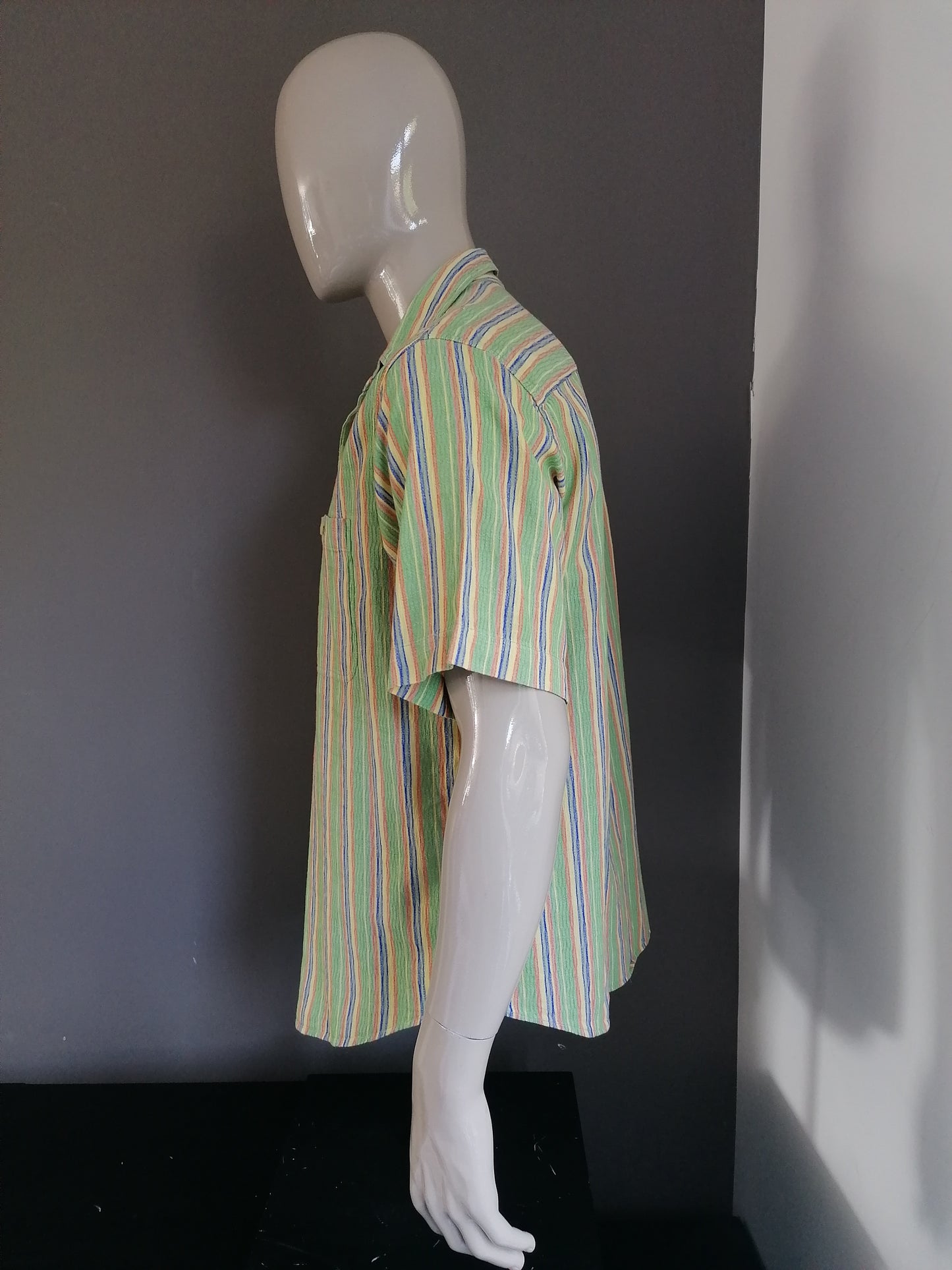 Vintage 90's overhemd korte mouw. Groen Oranje. Maat XL
