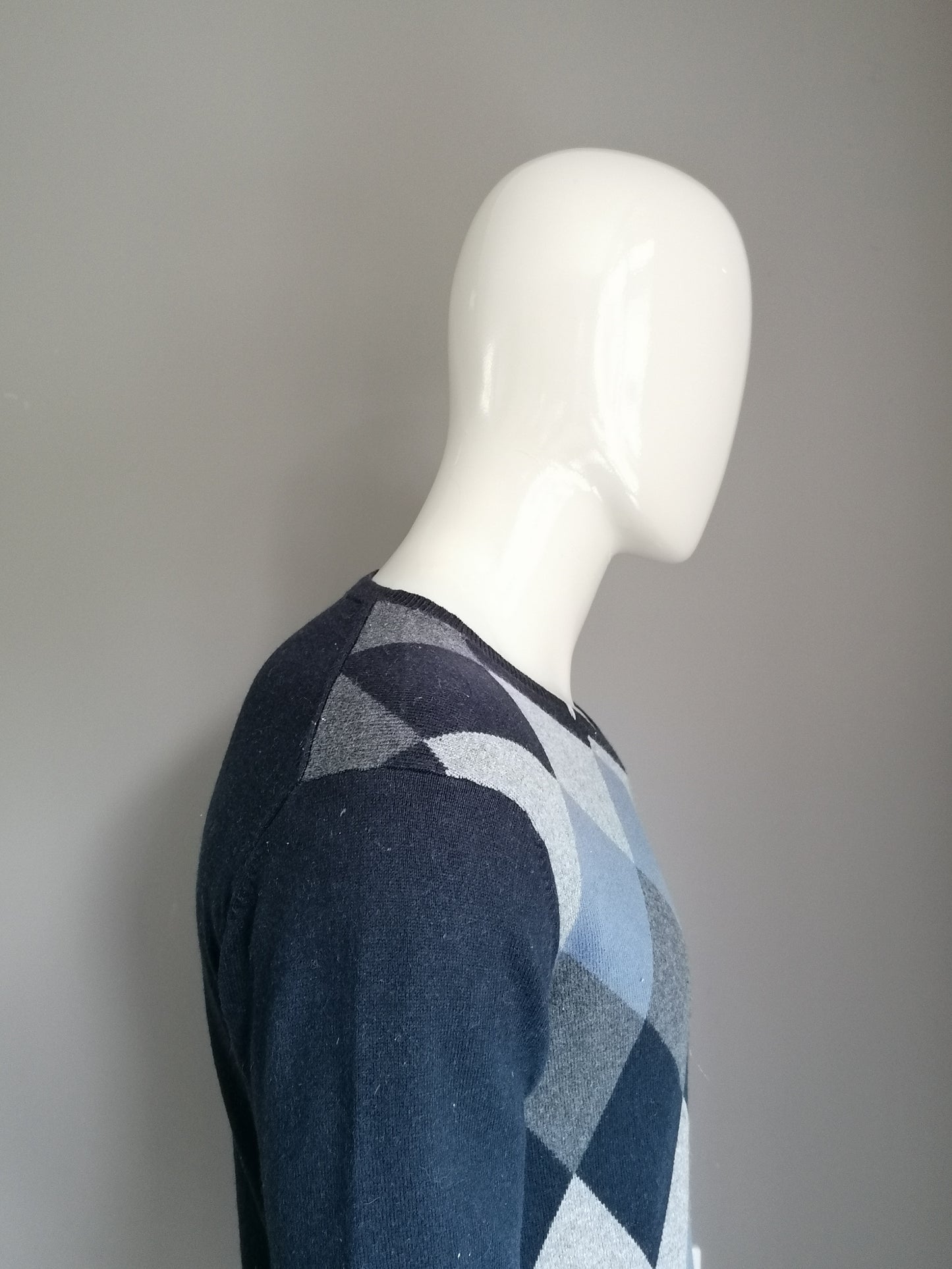Suéter de Argyle de Cashmere Sun68 con cuello en V. Gris azulado. Talla M