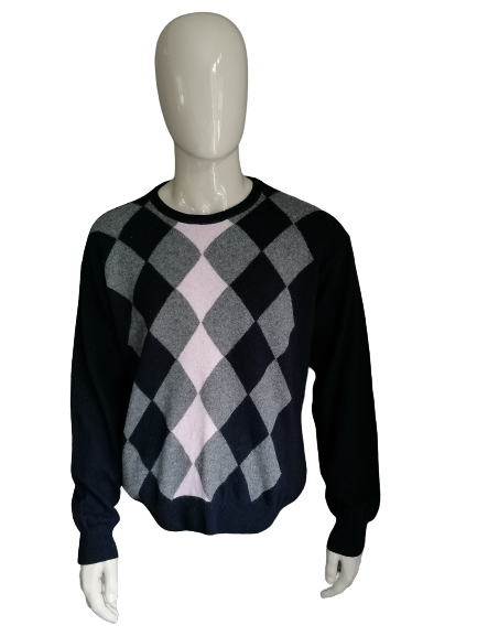 Vintage Argyle lambswool sweater. Blue gray pink. Size XL